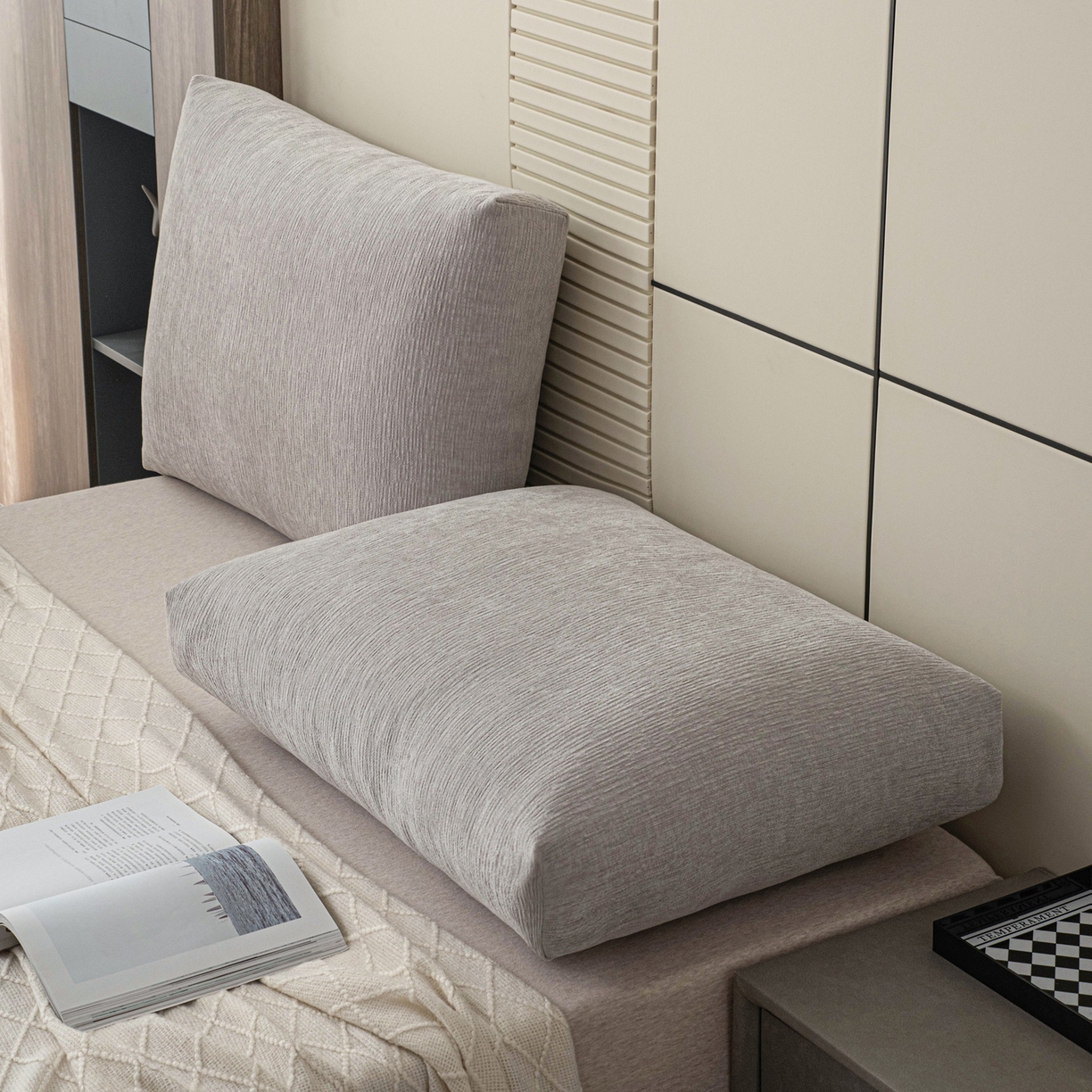 91家纺网 家纺一手货源 找家纺 美达人 2025新款雪尼尔立体面包靠背轻奢立体床头靠垫沙发组合大靠背榻榻米飘窗靠枕无床头软包可拆洗 雪尼尔-立体面包浅灰