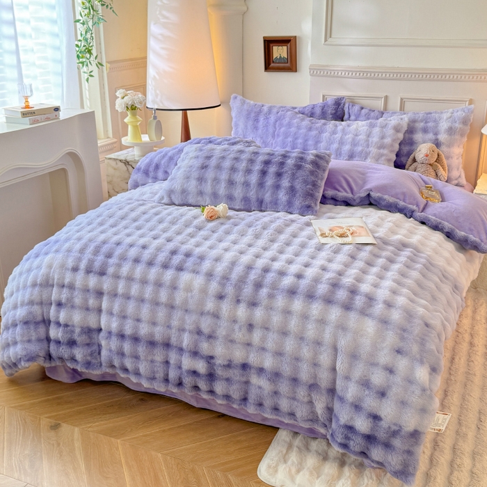 91家纺网 家纺一手货源 找家纺 唐人居 2025新款泡泡兔毛牛奶绒四件套--七彩 七彩紫