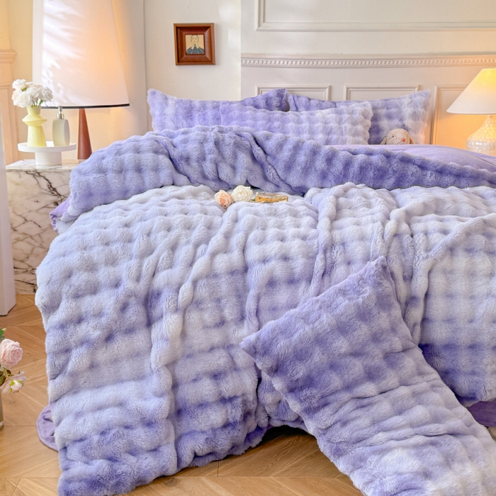 91家纺网 家纺一手货源 找家纺 唐人居 2025新款泡泡兔毛牛奶绒四件套--七彩 七彩紫