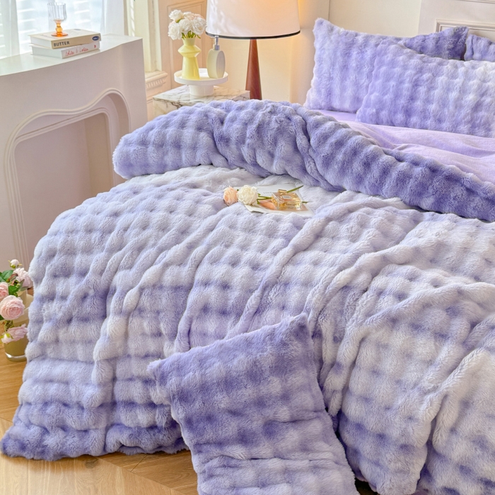 91家纺网 家纺一手货源 找家纺 唐人居 2025新款泡泡兔毛牛奶绒四件套--七彩 七彩紫