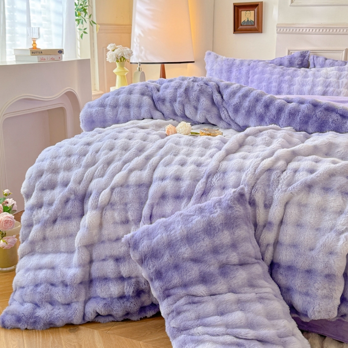 91家纺网 家纺一手货源 找家纺 唐人居 2025新款泡泡兔毛牛奶绒四件套--七彩 七彩紫