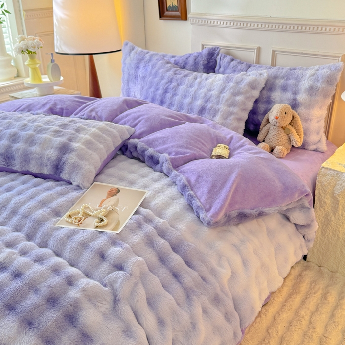 91家纺网 家纺一手货源 找家纺 唐人居 2025新款泡泡兔毛牛奶绒四件套--七彩 七彩紫