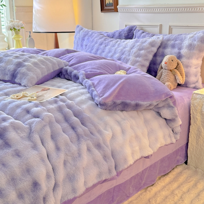 91家纺网 家纺一手货源 找家纺 唐人居 2025新款泡泡兔毛牛奶绒四件套--七彩 七彩紫