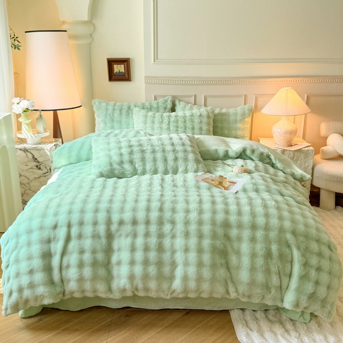 91家纺网 家纺一手货源 找家纺 唐人居 2025新款泡泡兔毛牛奶绒四件套--七彩 浅绿