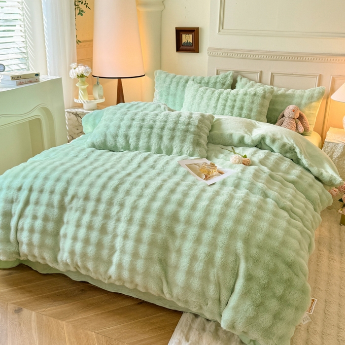 91家纺网 家纺一手货源 找家纺 唐人居 2025新款泡泡兔毛牛奶绒四件套--七彩 浅绿