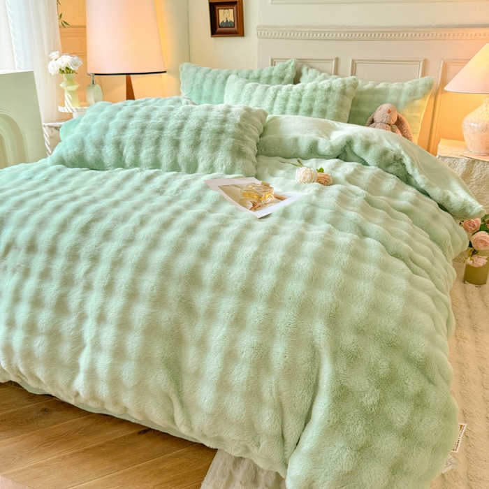 91家纺网 家纺一手货源 找家纺 唐人居 2025新款泡泡兔毛牛奶绒四件套--七彩 浅绿