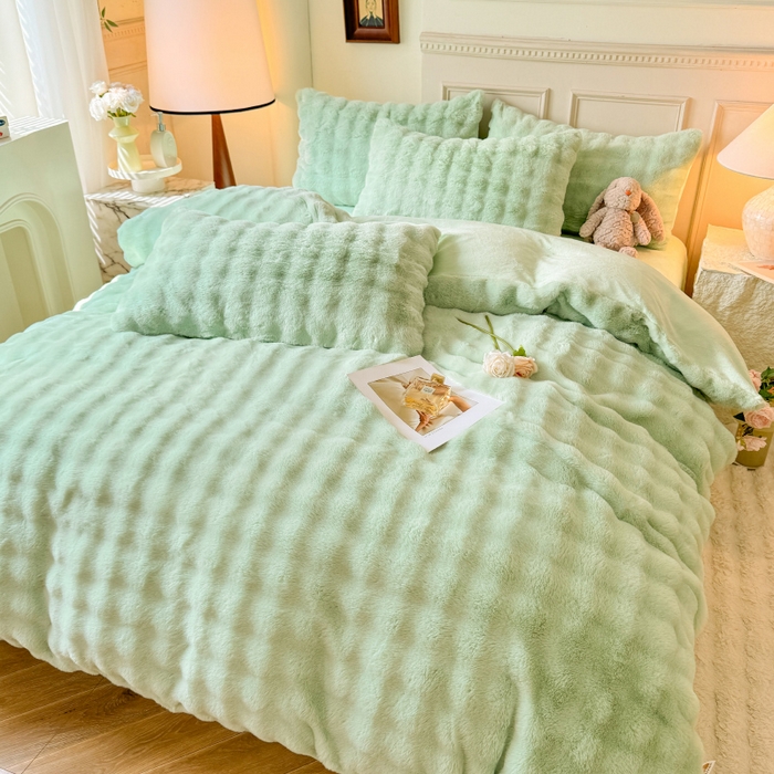 91家纺网 家纺一手货源 找家纺 唐人居 2025新款泡泡兔毛牛奶绒四件套--七彩 浅绿