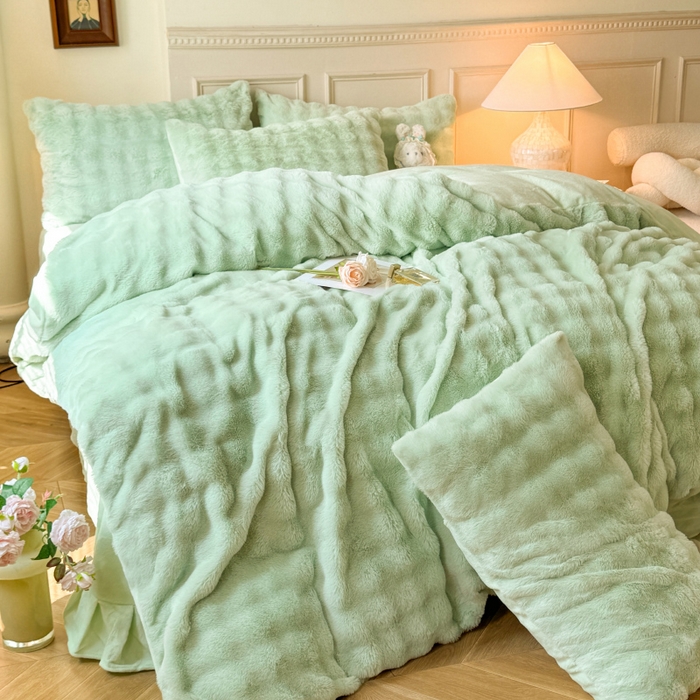 91家纺网 家纺一手货源 找家纺 唐人居 2025新款泡泡兔毛牛奶绒四件套--七彩 浅绿
