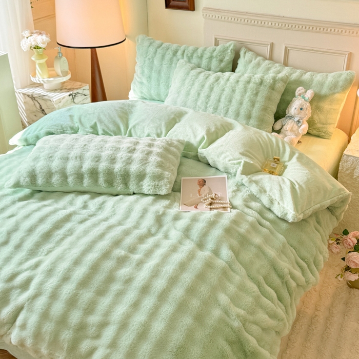 91家纺网 家纺一手货源 找家纺 唐人居 2025新款泡泡兔毛牛奶绒四件套--七彩 浅绿