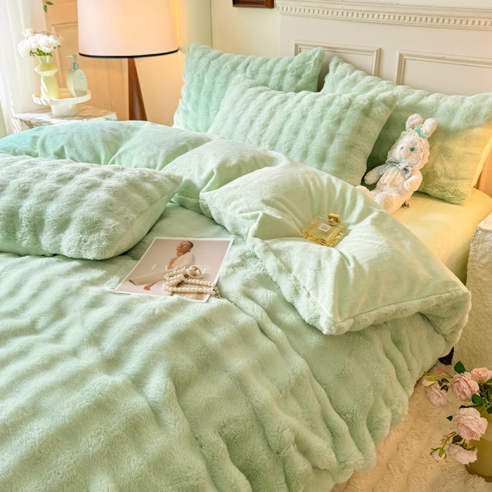 91家纺网 家纺一手货源 找家纺 唐人居 2025新款泡泡兔毛牛奶绒四件套--七彩 浅绿