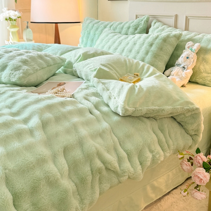 91家纺网 家纺一手货源 找家纺 唐人居 2025新款泡泡兔毛牛奶绒四件套--七彩 浅绿