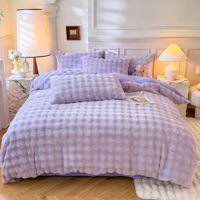 91家纺网 家纺一手货源 找家纺 唐人居 2025新款泡泡兔毛牛奶绒四件套--七彩 浅紫