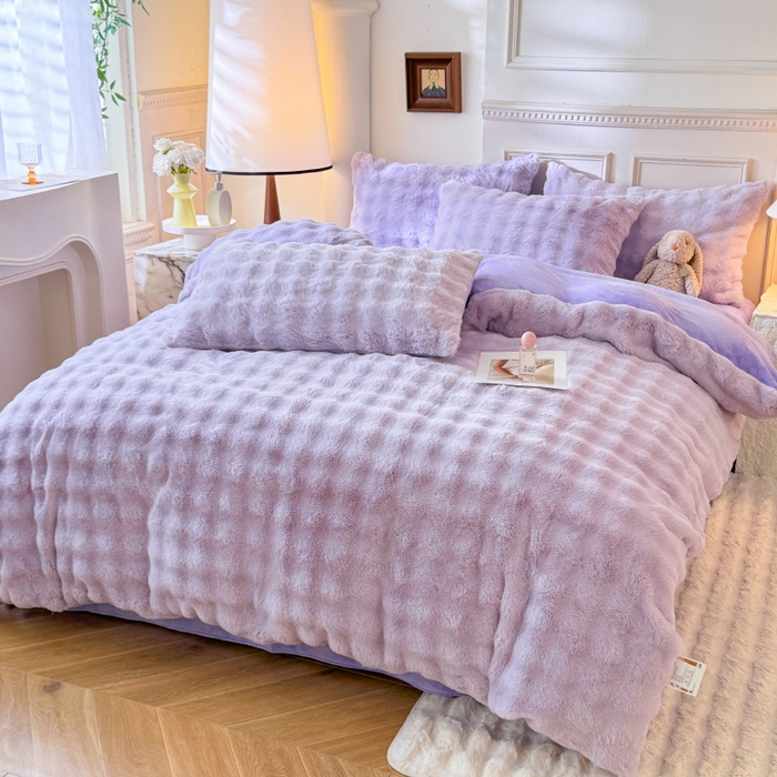 91家纺网 家纺一手货源 找家纺 唐人居 2025新款泡泡兔毛牛奶绒四件套--七彩 浅紫