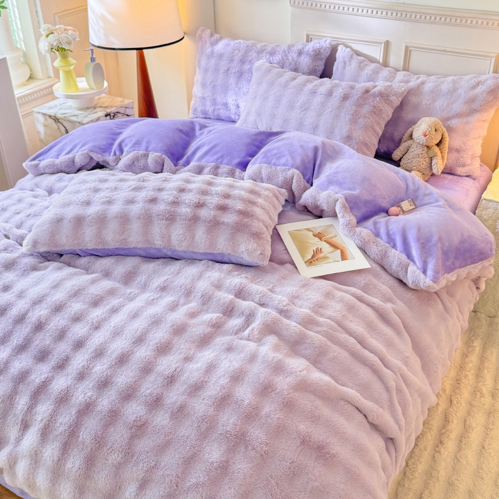 91家纺网 家纺一手货源 找家纺 唐人居 2025新款泡泡兔毛牛奶绒四件套--七彩 浅紫
