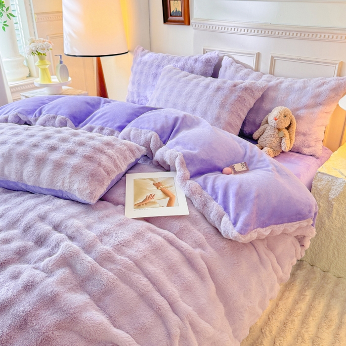91家纺网 家纺一手货源 找家纺 唐人居 2025新款泡泡兔毛牛奶绒四件套--七彩 浅紫