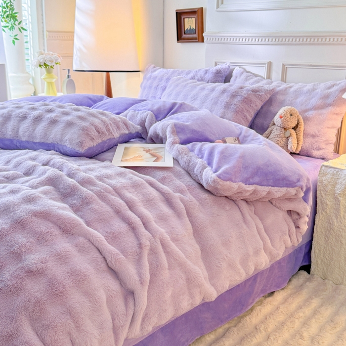 91家纺网 家纺一手货源 找家纺 唐人居 2025新款泡泡兔毛牛奶绒四件套--七彩 浅紫