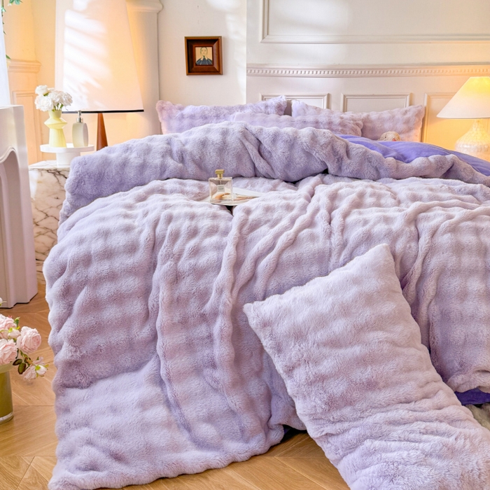 91家纺网 家纺一手货源 找家纺 唐人居 2025新款泡泡兔毛牛奶绒四件套--七彩 浅紫