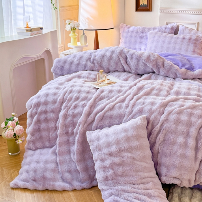 91家纺网 家纺一手货源 找家纺 唐人居 2025新款泡泡兔毛牛奶绒四件套--七彩 浅紫