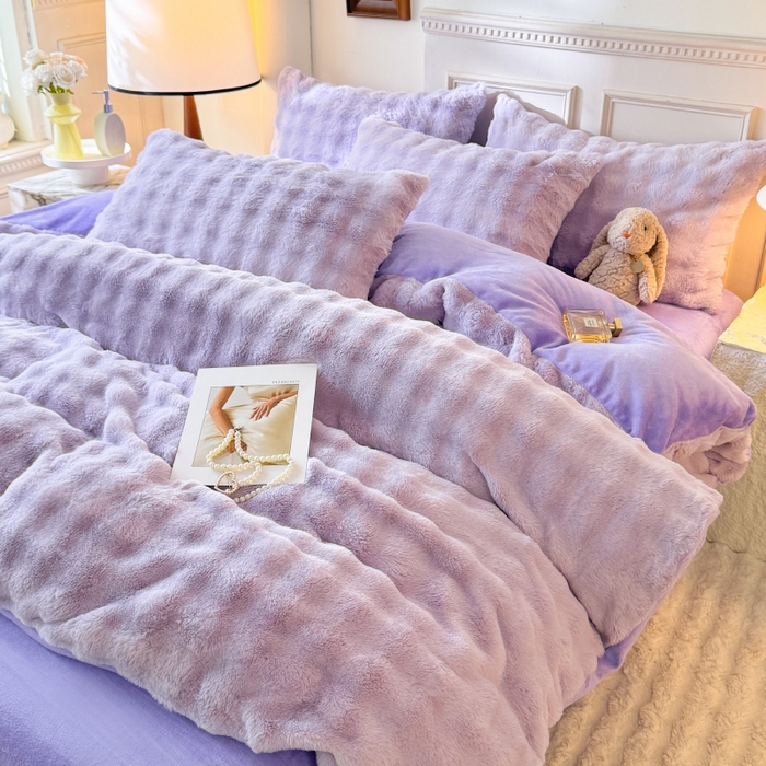 91家纺网 家纺一手货源 找家纺 唐人居 2025新款泡泡兔毛牛奶绒四件套--七彩 浅紫