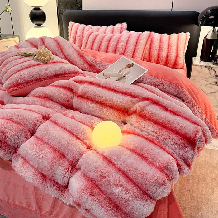 唐人居 2025新款兔毛绒牛奶绒四件套--条纹 条纹-粉色