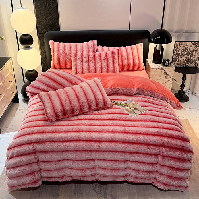 91家纺网 家纺一手货源 找家纺 唐人居 2025新款兔毛绒牛奶绒四件套--条纹 条纹-粉色