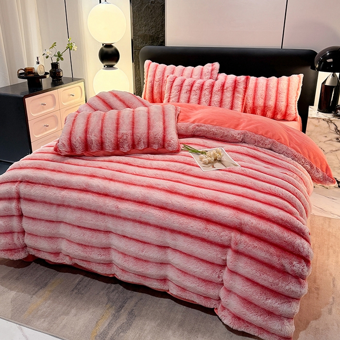 91家纺网 家纺一手货源 找家纺 唐人居 2025新款兔毛绒牛奶绒四件套--条纹 条纹-粉色