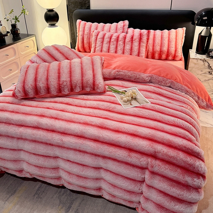 91家纺网 家纺一手货源 找家纺 唐人居 2025新款兔毛绒牛奶绒四件套--条纹 条纹-粉色