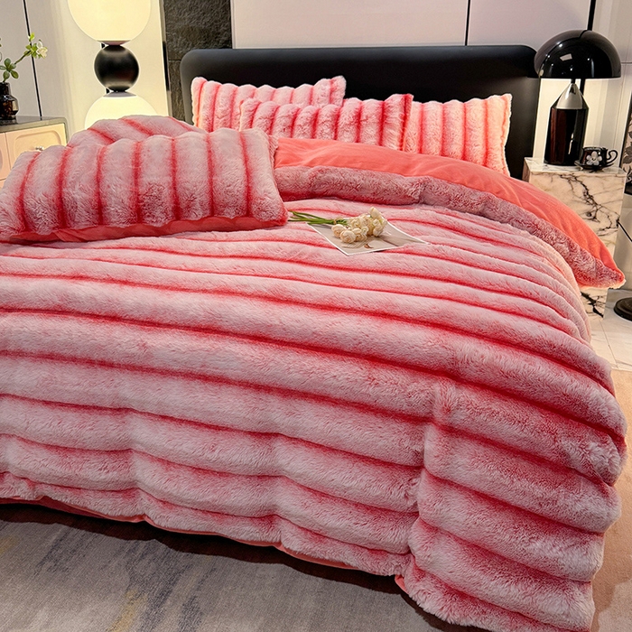 91家纺网 家纺一手货源 找家纺 唐人居 2025新款兔毛绒牛奶绒四件套--条纹 条纹-粉色
