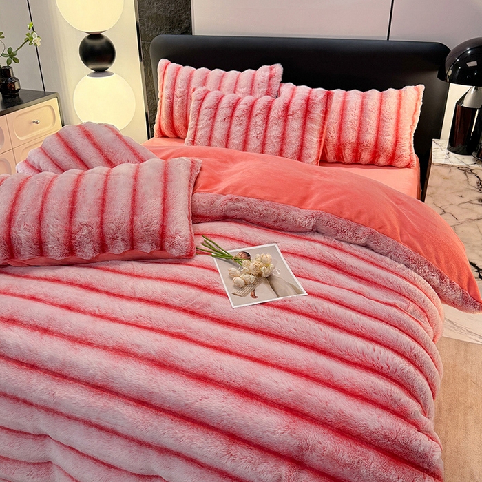 91家纺网 家纺一手货源 找家纺 唐人居 2025新款兔毛绒牛奶绒四件套--条纹 条纹-粉色