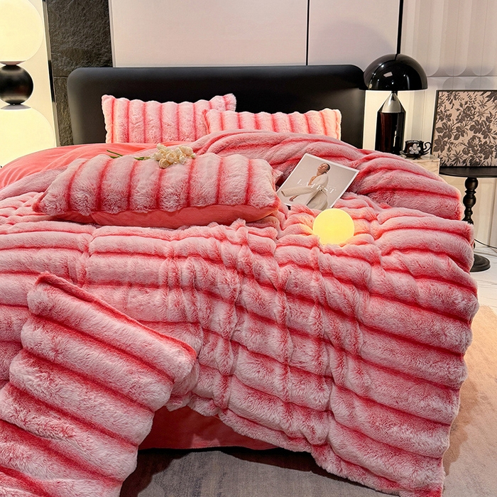 91家纺网 家纺一手货源 找家纺 唐人居 2025新款兔毛绒牛奶绒四件套--条纹 条纹-粉色