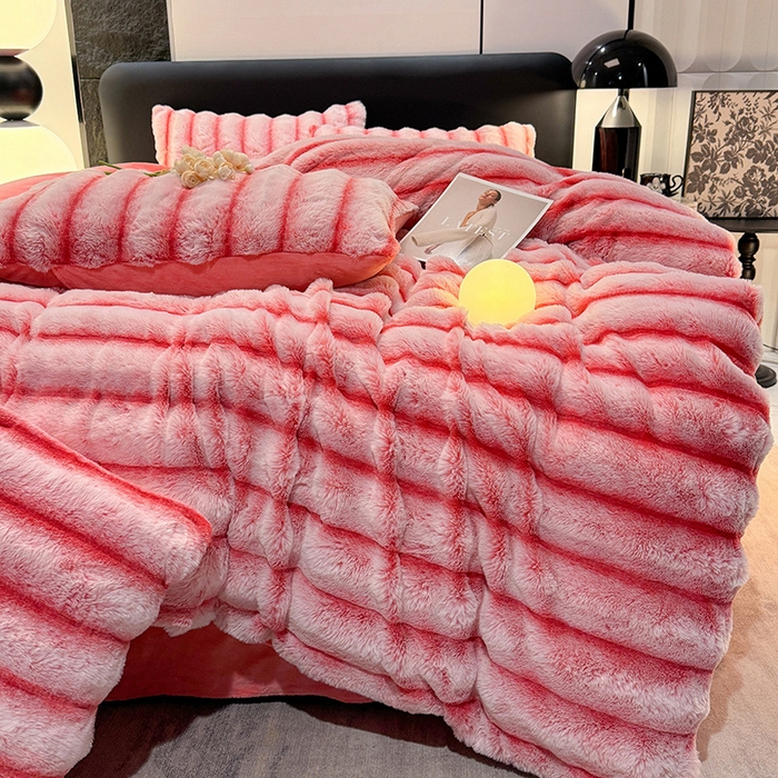 91家纺网 家纺一手货源 找家纺 唐人居 2025新款兔毛绒牛奶绒四件套--条纹 条纹-粉色