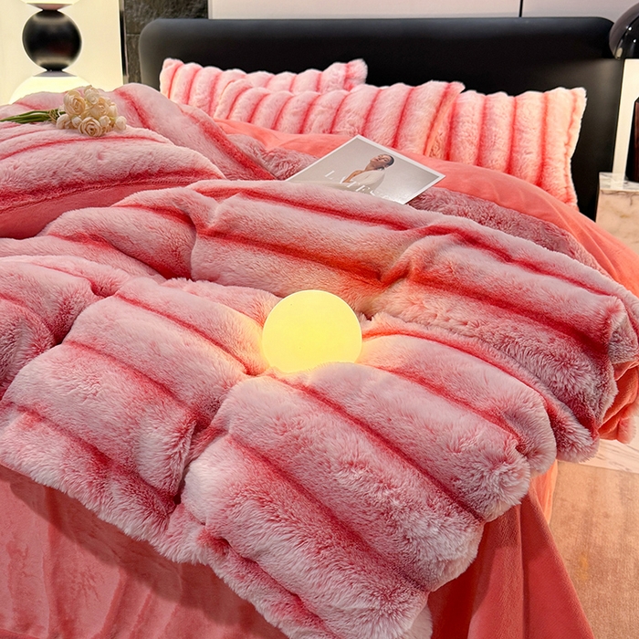 91家纺网 家纺一手货源 找家纺 唐人居 2025新款兔毛绒牛奶绒四件套--条纹 条纹-粉色