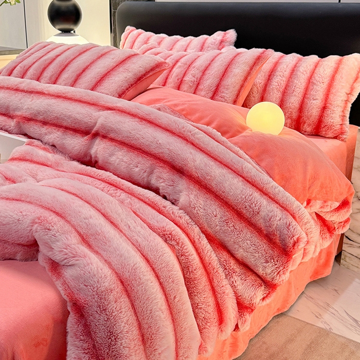 91家纺网 家纺一手货源 找家纺 唐人居 2025新款兔毛绒牛奶绒四件套--条纹 条纹-粉色