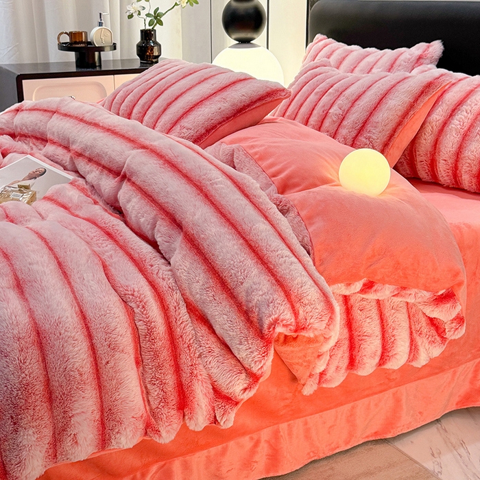 91家纺网 家纺一手货源 找家纺 唐人居 2025新款兔毛绒牛奶绒四件套--条纹 条纹-粉色