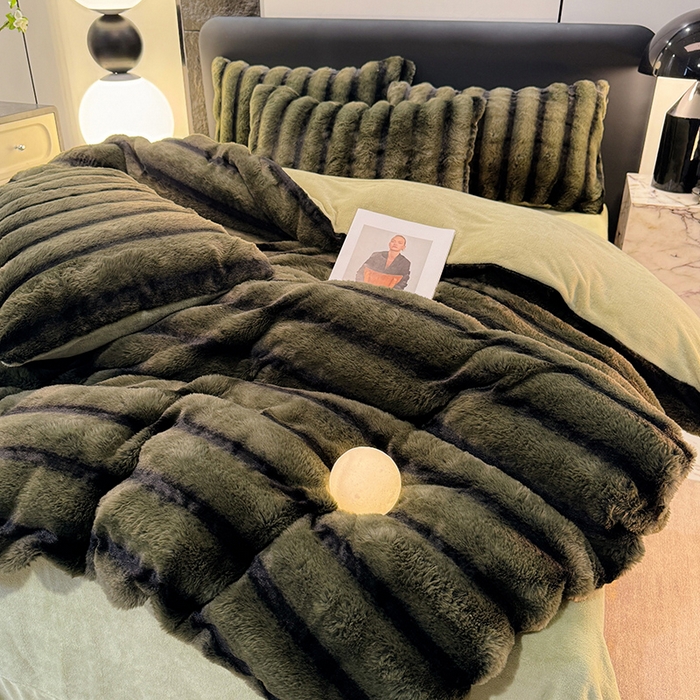 唐人居 2025新款兔毛绒牛奶绒四件套--条纹 条纹-墨绿