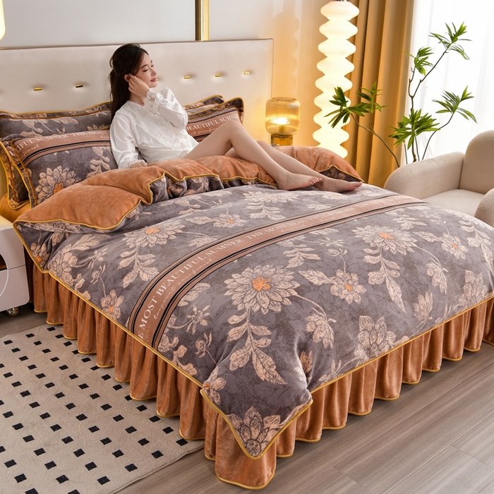 91家纺网 家纺一手货源 找家纺 芯诗曼2025新款8.5斤直播热款高克重牛奶绒法莱绒水晶金貂法莱绒四件套 暗香