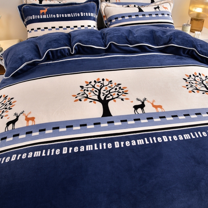 91家纺网 家纺一手货源 找家纺 芯诗曼2025新款8.5斤直播热款高克重牛奶绒法莱绒水晶金貂法莱绒四件套 发财鹿