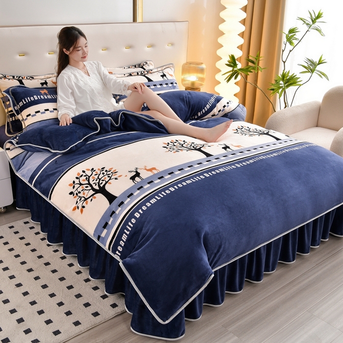 91家纺网 家纺一手货源 找家纺 芯诗曼2025新款8.5斤直播热款高克重牛奶绒法莱绒水晶金貂法莱绒四件套 发财鹿