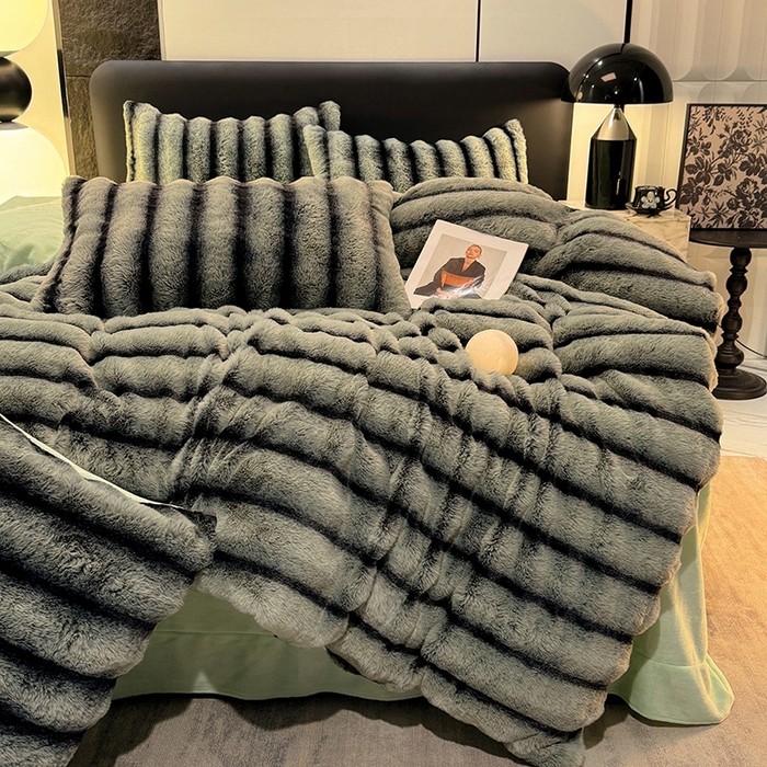 91家纺网 家纺一手货源 找家纺 唐人居 2025新款兔毛绒牛奶绒四件套--条纹 条纹-浅绿