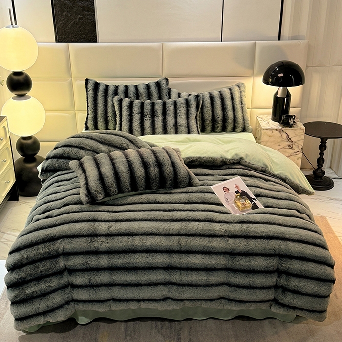 91家纺网 家纺一手货源 找家纺 唐人居 2025新款兔毛绒牛奶绒四件套--条纹 条纹-浅绿