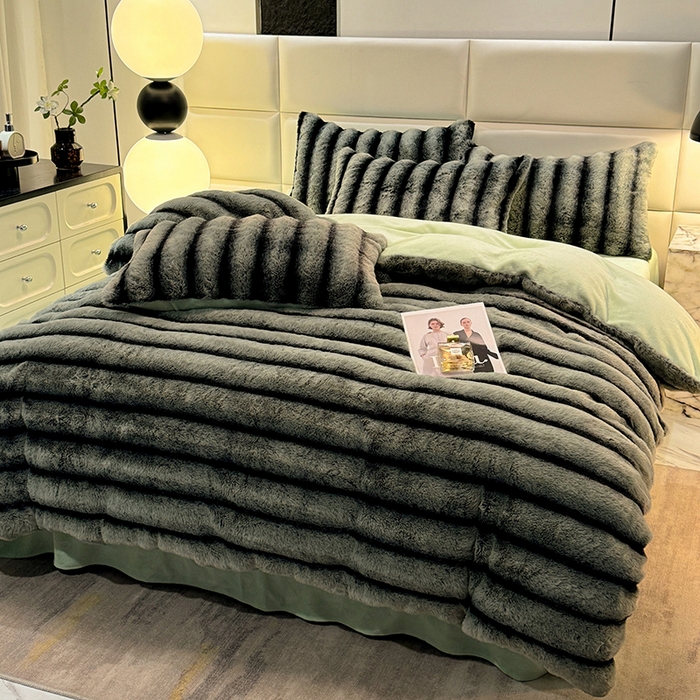 91家纺网 家纺一手货源 找家纺 唐人居 2025新款兔毛绒牛奶绒四件套--条纹 条纹-浅绿