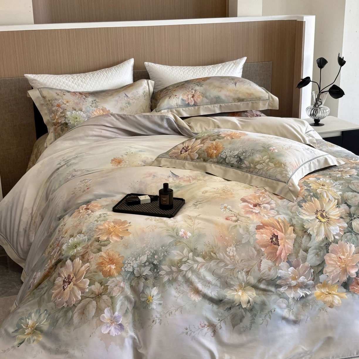 91家纺网 家纺一手货源 找家纺 （总）佳汐蓝家纺 2025新款天丝棉数码印花镂空床盖款四件套