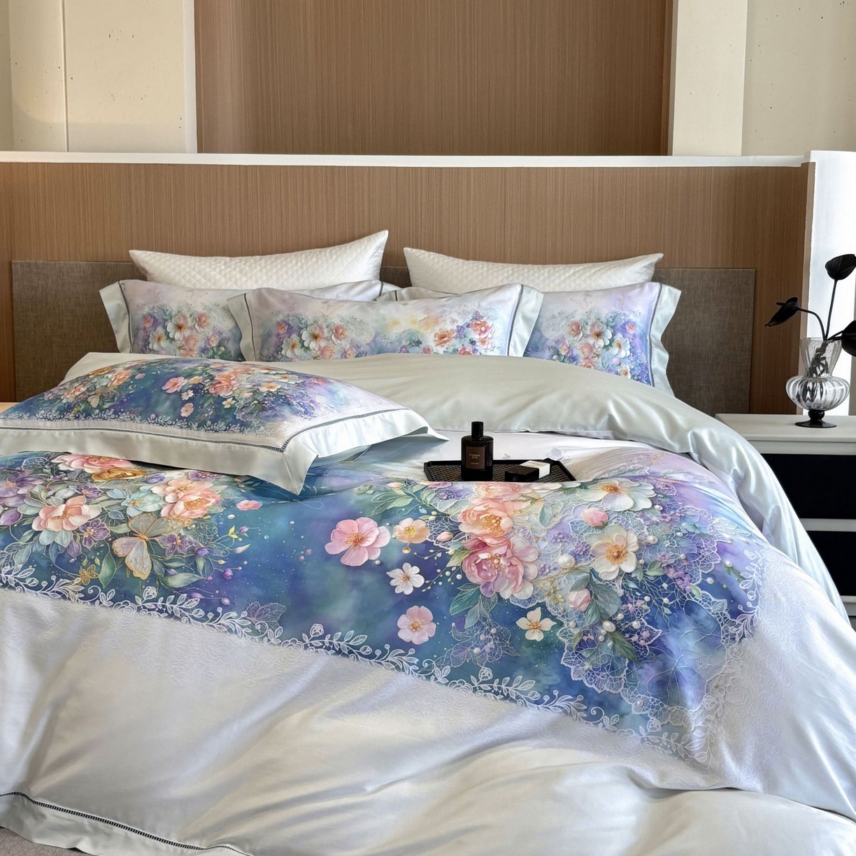 91家纺网 家纺一手货源 找家纺 佳汐蓝家纺 2025新款天丝棉数码印花镂空床盖款四件套 素影兰