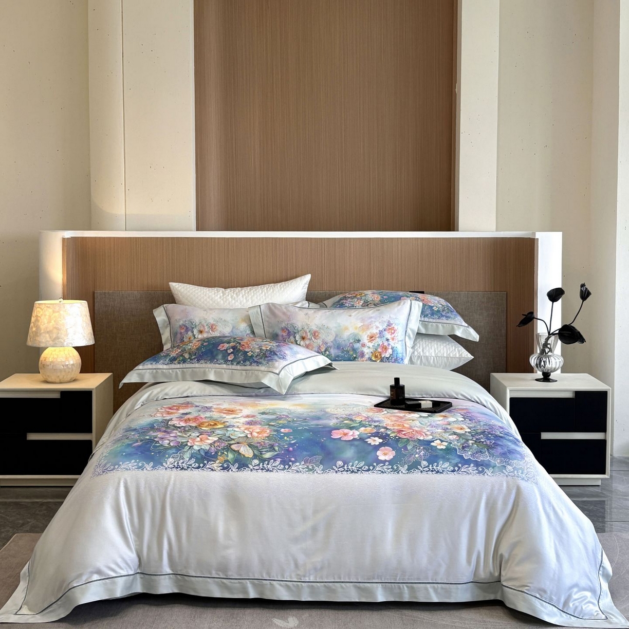 佳汐蓝家纺 2025新款天丝棉数码印花镂空床盖款四件套 素影兰