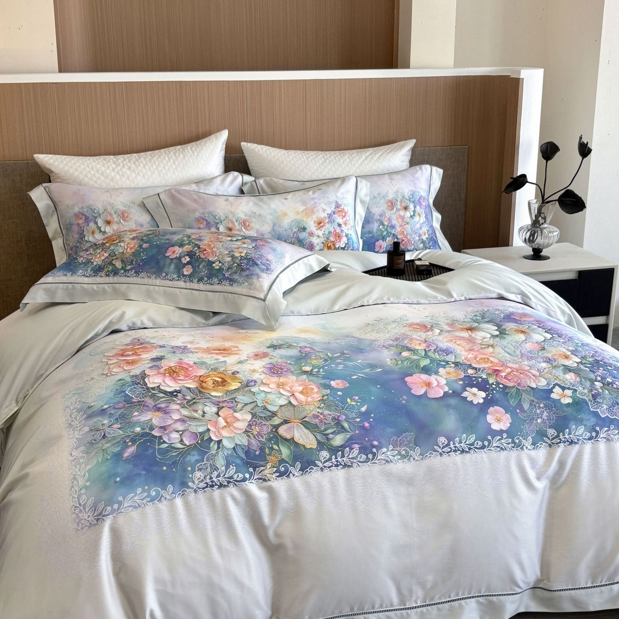 91家纺网 家纺一手货源 找家纺 佳汐蓝家纺 2025新款天丝棉数码印花镂空床盖款四件套 素影兰