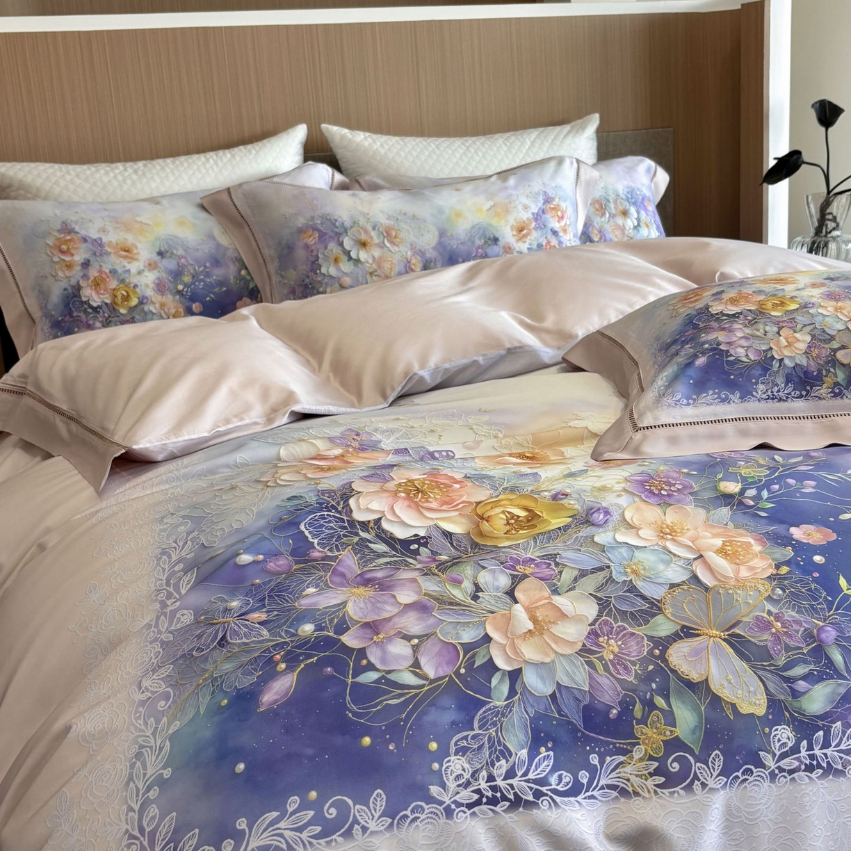 91家纺网 家纺一手货源 找家纺 佳汐蓝家纺 2025新款天丝棉数码印花镂空床盖款四件套 素影紫