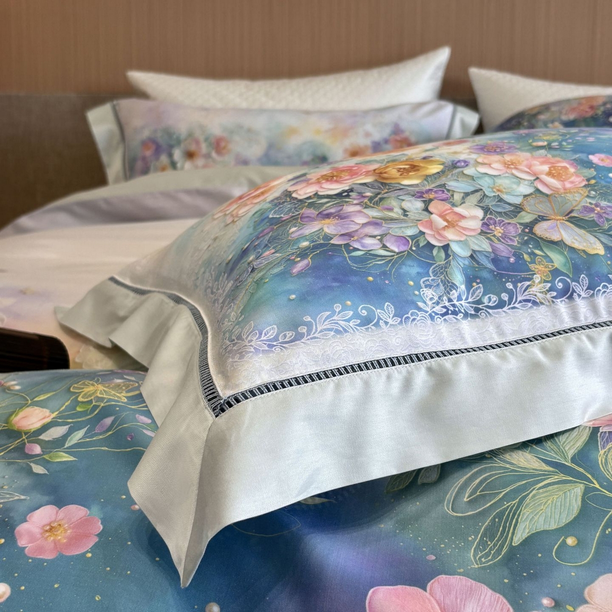 91家纺网 家纺一手货源 找家纺 佳汐蓝家纺 2025新款天丝棉数码印花镂空床盖款四件套 素影兰