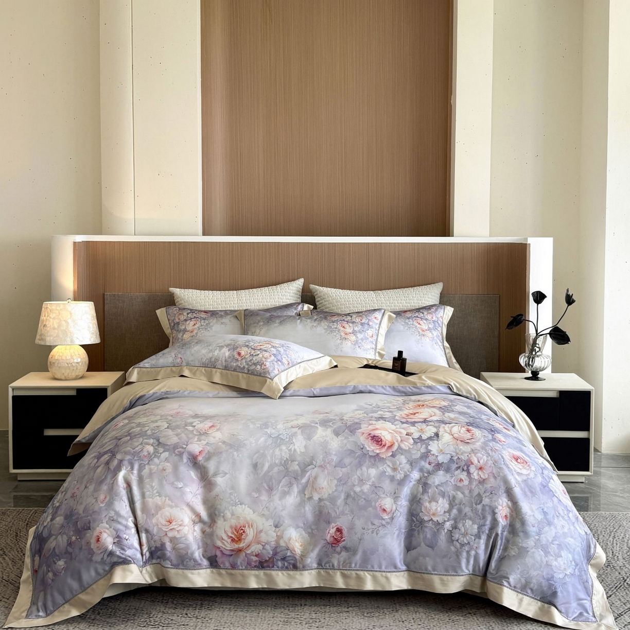 佳汐蓝家纺 2025新款天丝棉数码印花镂空床盖款四件套 伊利花园紫