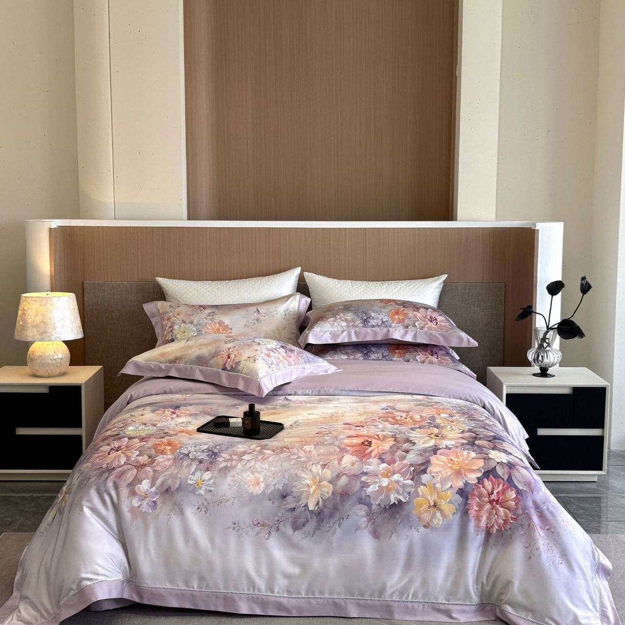 佳汐蓝家纺 2025新款天丝棉数码印花镂空床盖款四件套 花间悦-紫