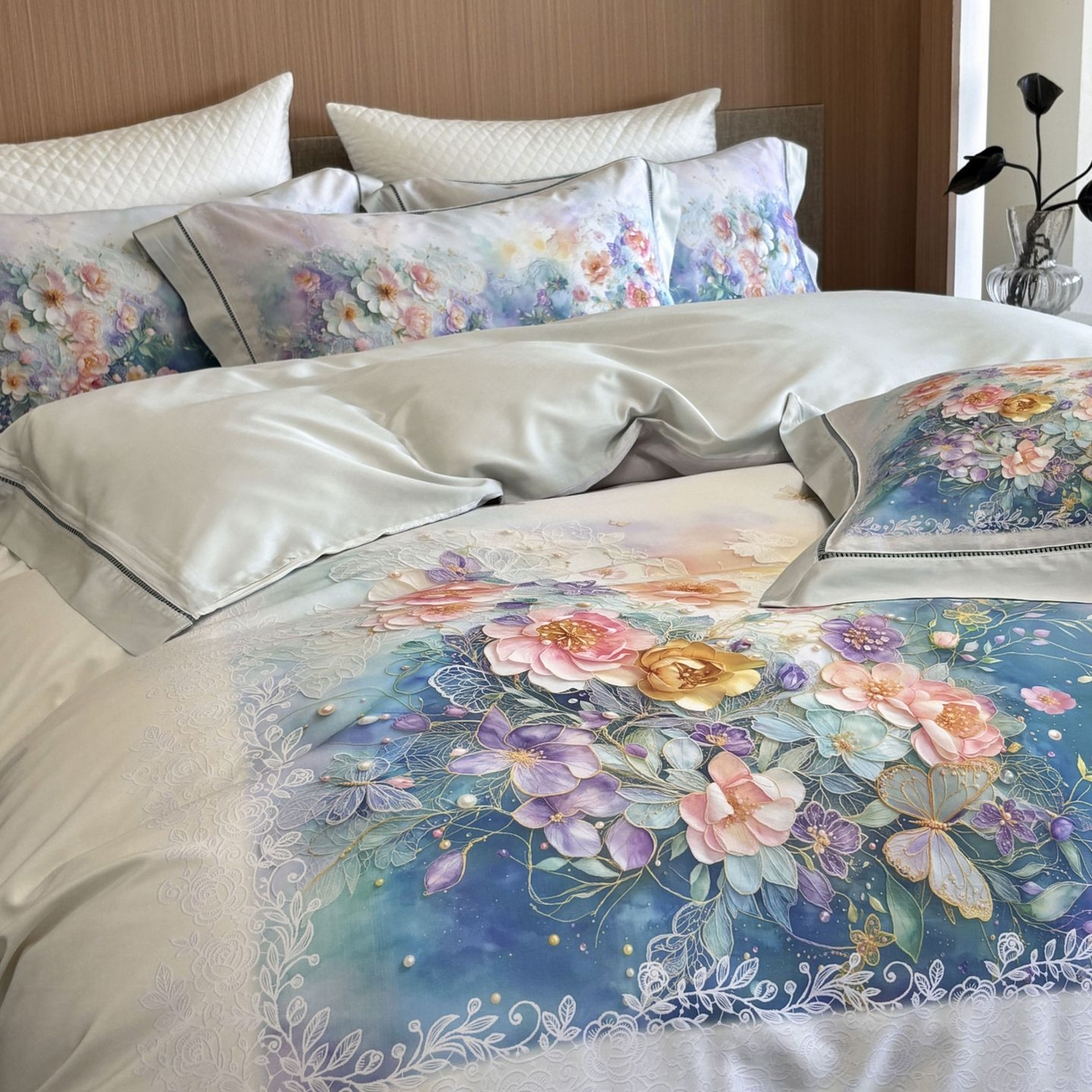 91家纺网 家纺一手货源 找家纺 佳汐蓝家纺 2025新款天丝棉数码印花镂空床盖款四件套 素影兰